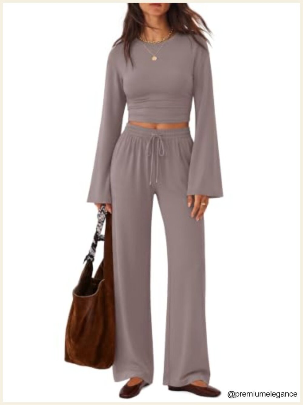 Two Piece Lounge Set Knit Pockets Bell Sleeve Wide Leg Pants
